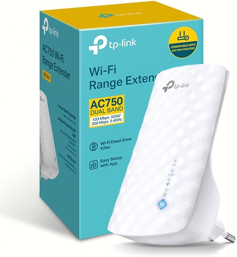 TP-Link RE190 AC750 – Amplificador Señal WiFi, 433Mbps en 5GHz 300Mbps en 2.4GHz con EU Enchufe, WPS, Indicador LED de Señal, Antenas Internas, Blanco