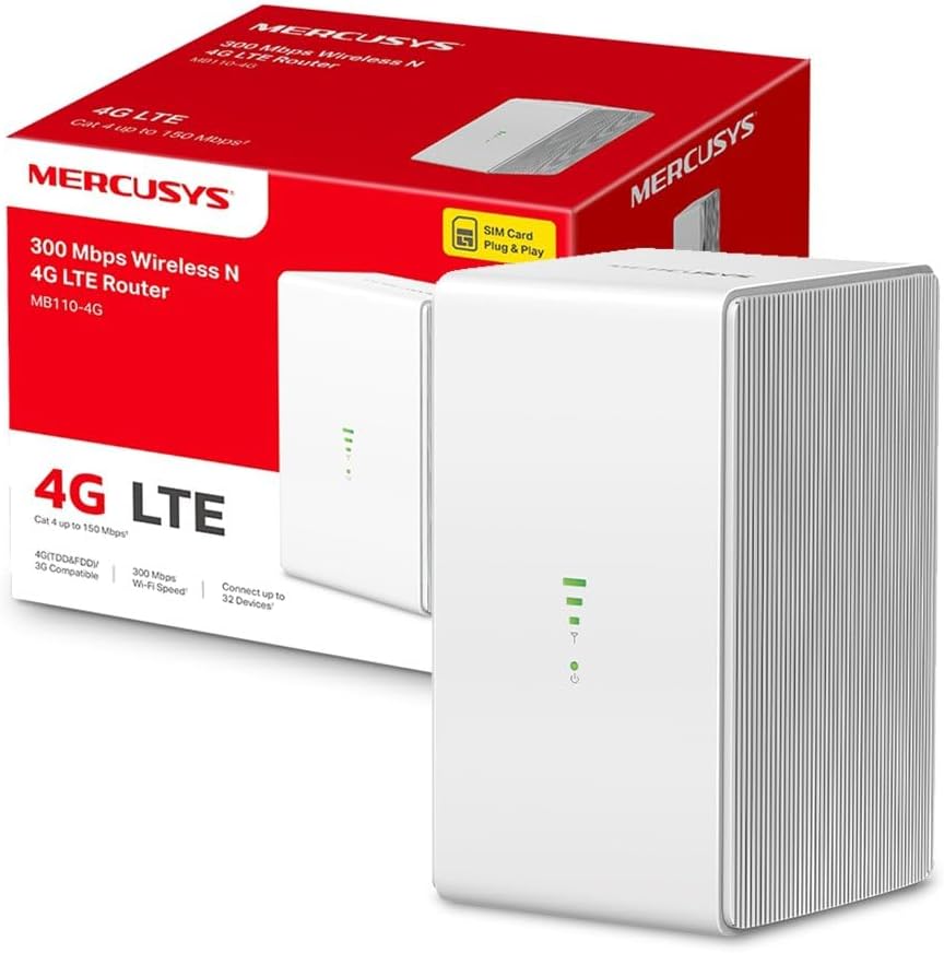 [Nuevo] Mercusys – MB110-4G, Router 4G SIM, LTE CAT4, Wi-Fi 300Mbps, compatible con todos los operadores, FDD y TDD, plug&play, conecta hasta 32 dispositivos