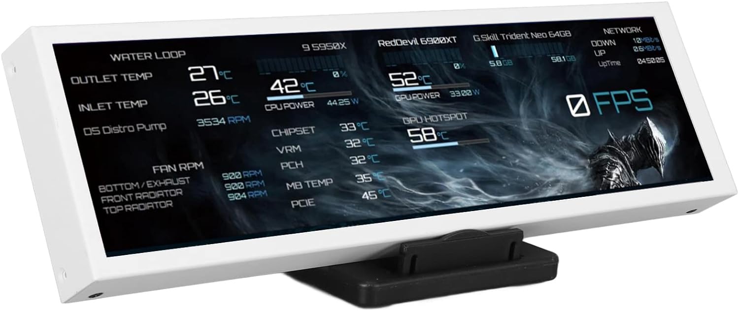 VBESTLIFE Monitor de Temperatura de Computadora de 8.8 Pulgadas, Pantalla de Panel de Sensor de PC de 1920×480 60Hz Vista Completa IPS, Uso de CPU GPU RAM y Pantalla de Temperatura, Tema de (Blanco)