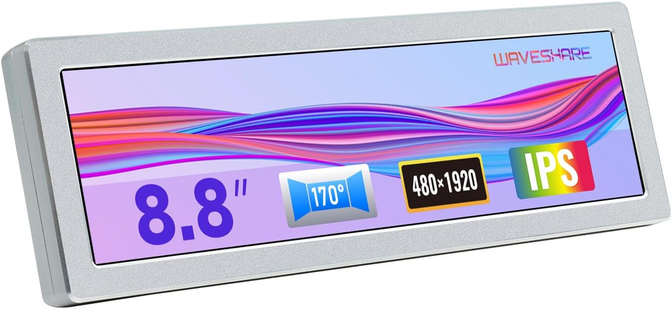 Waveshare 8.8inch IPS Side Monitor 480×1920 Resolution HDMI Display Panel HiFi Speaker No Touch 170° Viewing Angle Supports All Versions of Raspberry Pi Jetson Nano PC