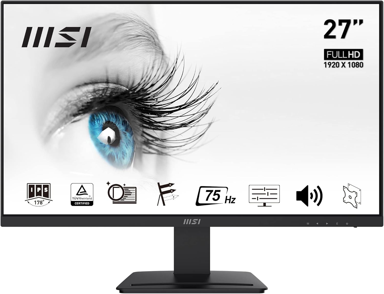 MSI Pro MP273 – Monitor Profesional 27″ Panel IPS 1920×1080 (FHD), 75Hz, Antiglare, Soporte VESA, Ranuras para Accesorios, Negro