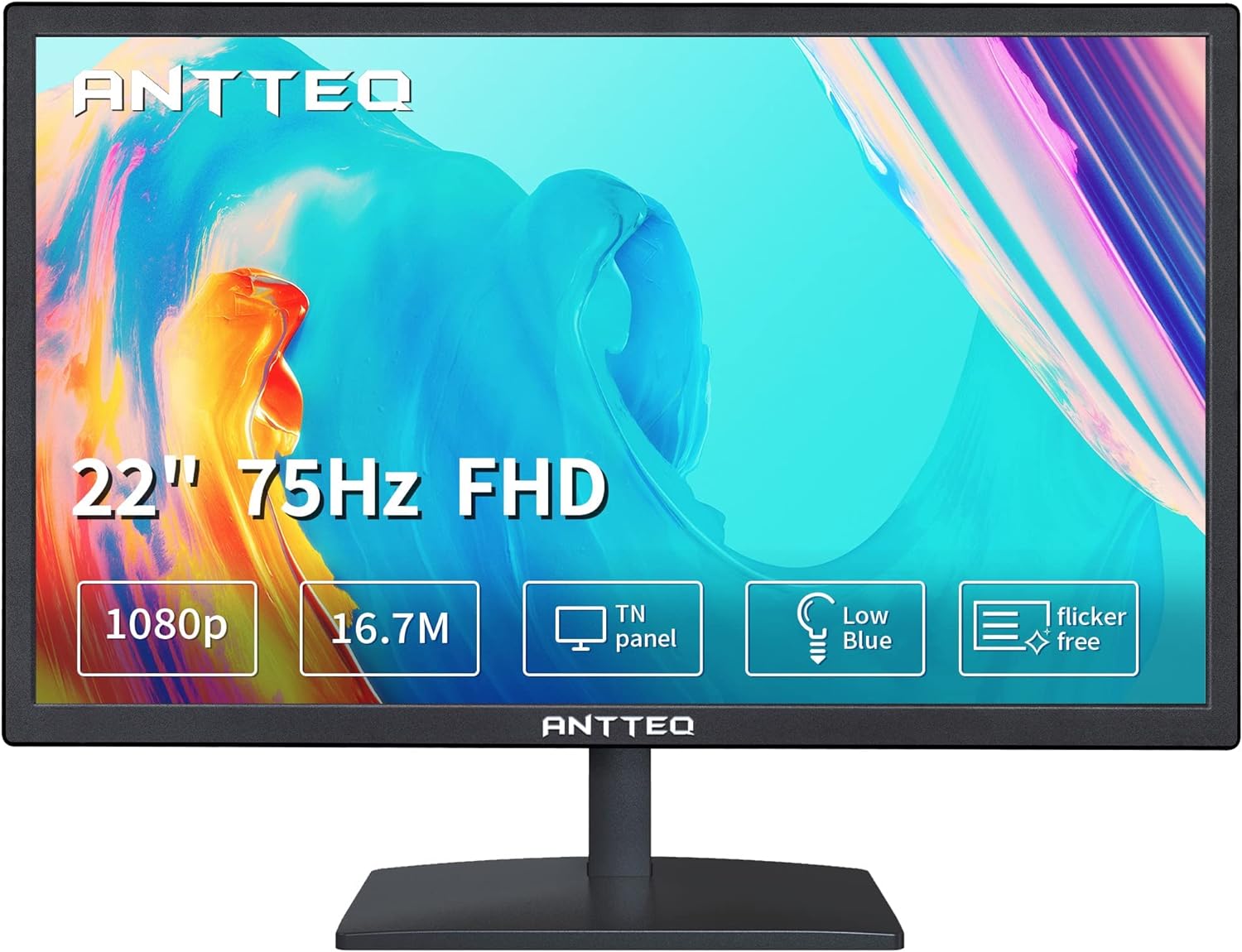 Antteq Monitor de computadora de Negocios de 22 Pulgadas, Monitor de Escritorio FHD 1080p 75Hz, luz Azul Baja, Comodidad Visual, Puertos HDMI VGA, Monitor de PC LED, Negro