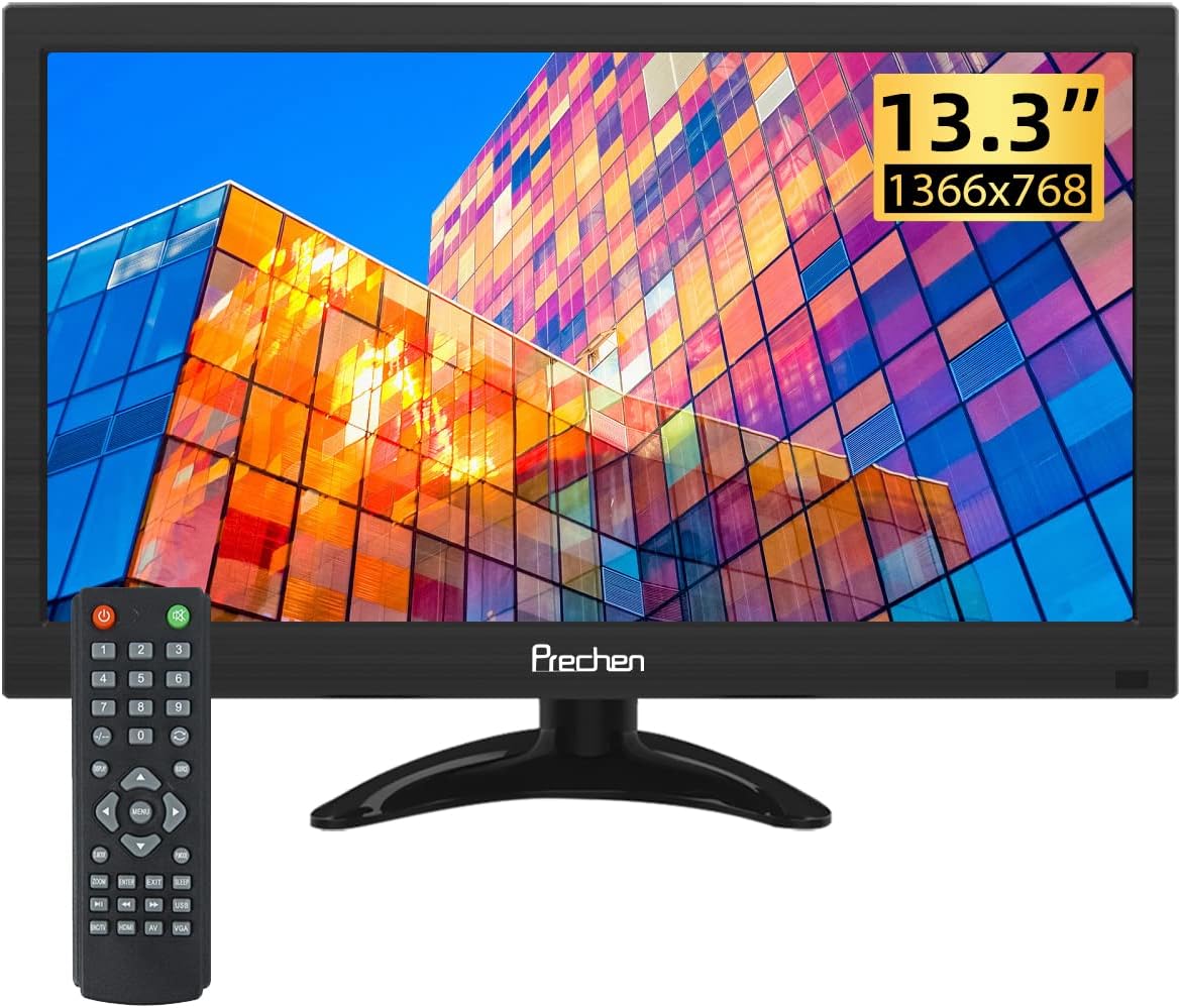 Prechen 13,3 Inch Mini PC Monitor 1366×768 TFT LED Pequeño Monitor con HDMI VGA AV BNC Entrada USB para PC Raspberry pi Cocina Monitor HDMI Monitor de Seguridad Monitor Industrial, Altavoz Integrado