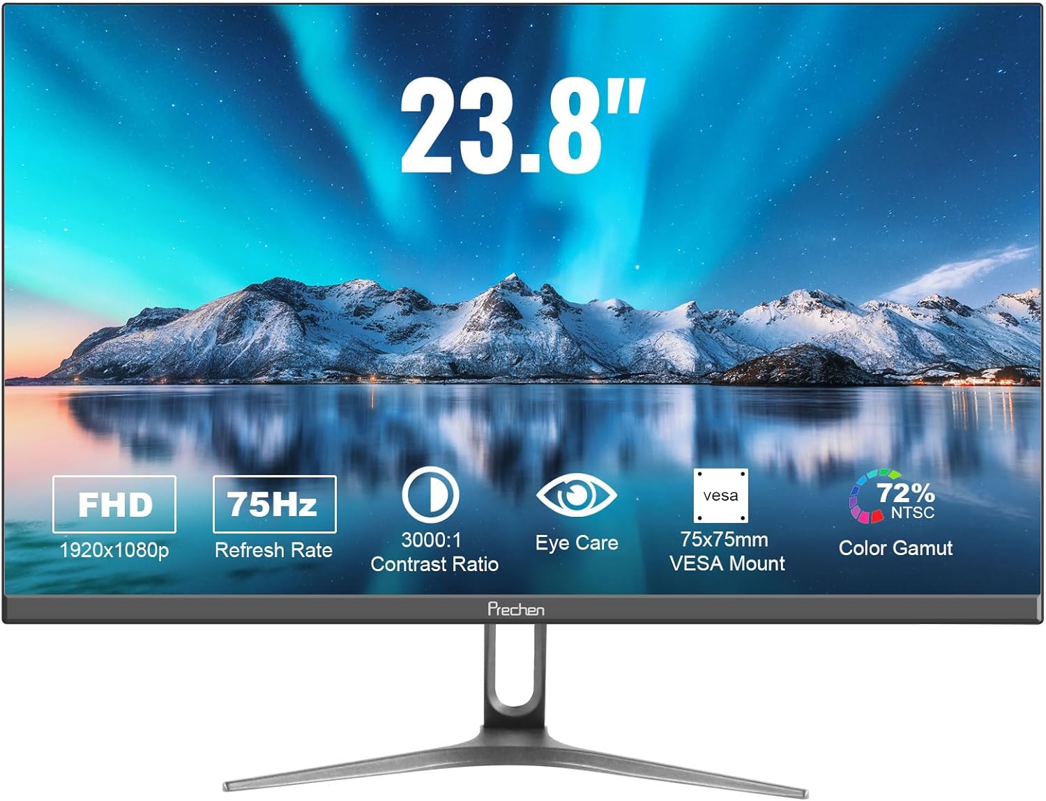 Prechen 24 pulgadas Computer Monitor FHD 1080P Business Monitor, LED PC Screen Desktop Monitor, HDMI,VGA, 75Hz Gaming Display, 3000:1 Contrast Ratio, Eye Care, VESA Mountable, Black